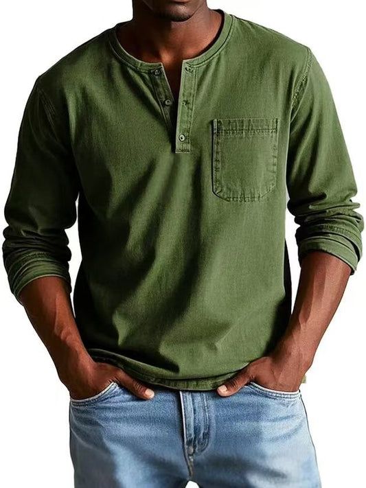 V-neck Long-sleeved T-shirt With Button Design Fashion Casual Solid Color Pullover Top Men's Clothing by www.trikaro.com