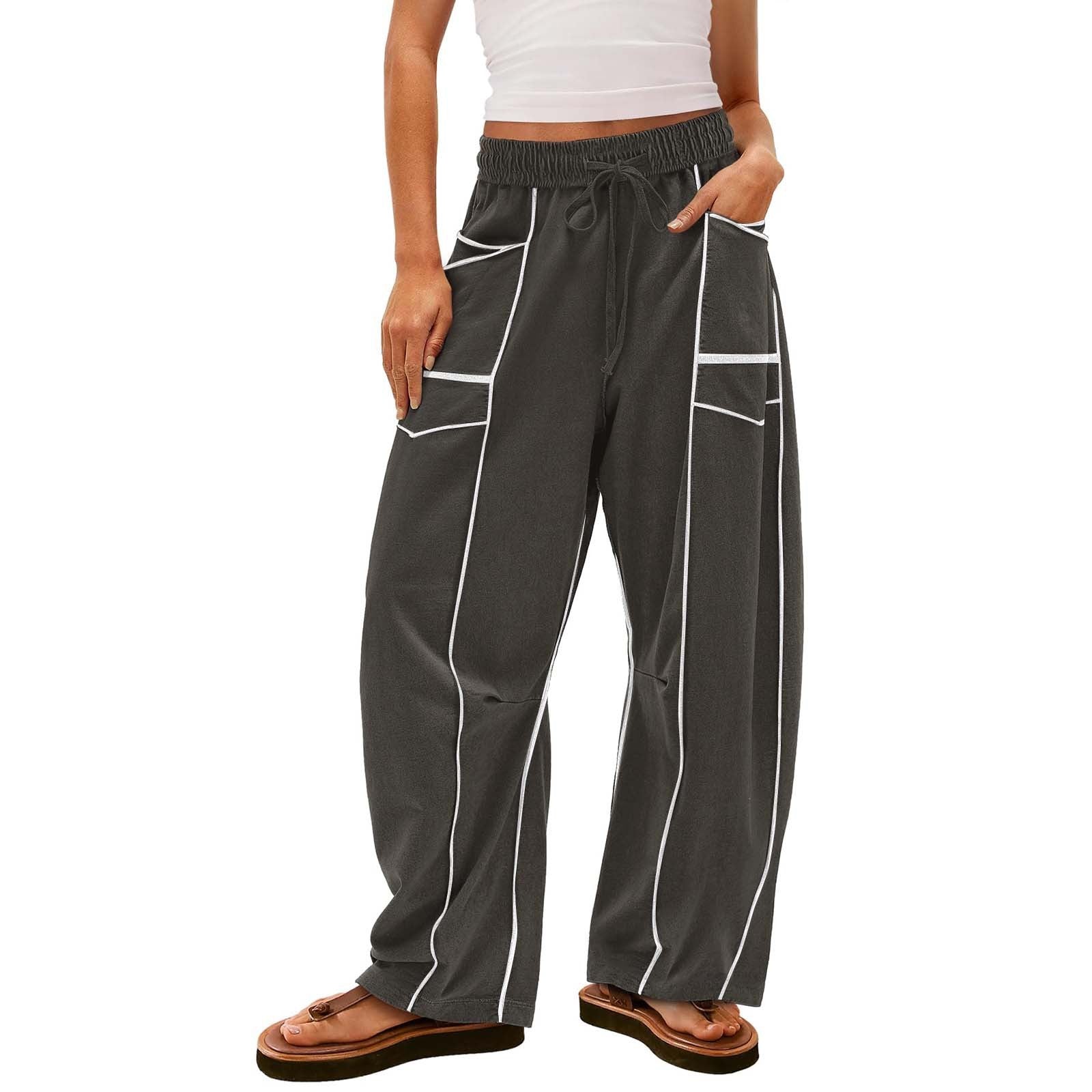 Y2K Black Striped Wide-leg Pants With Pockets Fashion Loose Drawstring Trousers Sports Sweatpants Women's Clothing by www.trikaro.com