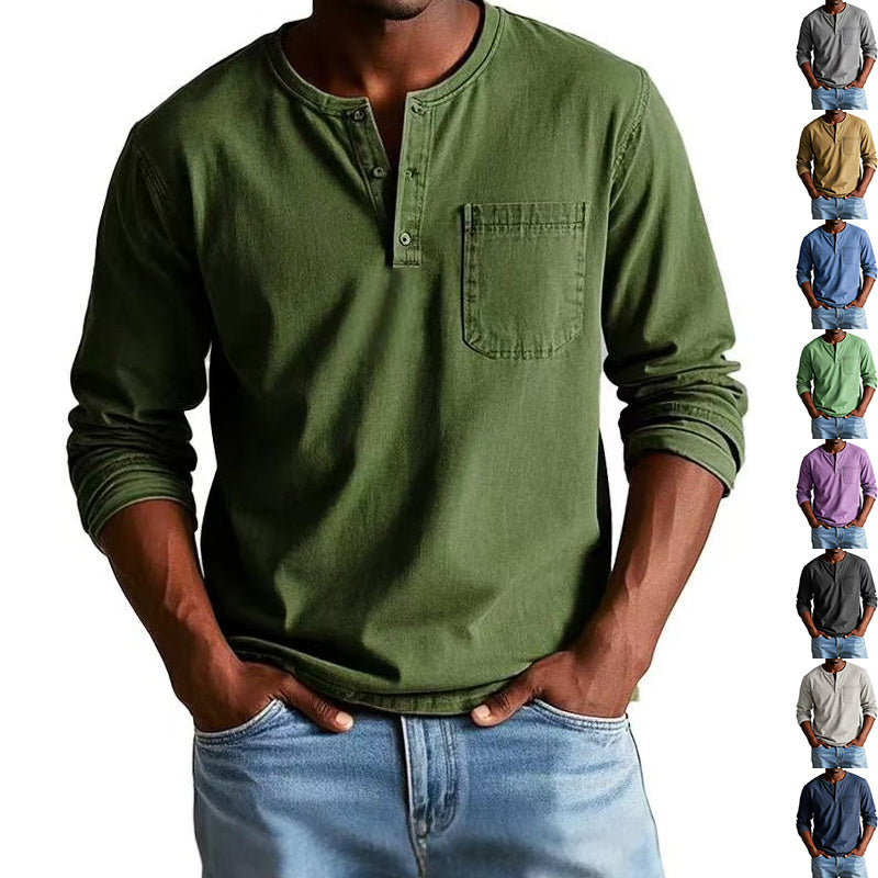 V-neck Long-sleeved T-shirt With Button Design Fashion Casual Solid Color Pullover Top Men's Clothing by www.trikaro.com
