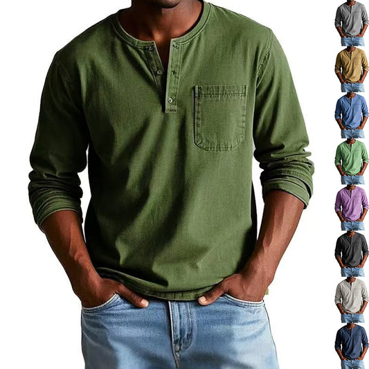 V-neck Long-sleeved T-shirt With Button Design Fashion Casual Solid Color Pullover Top Men's Clothing by www.trikaro.com