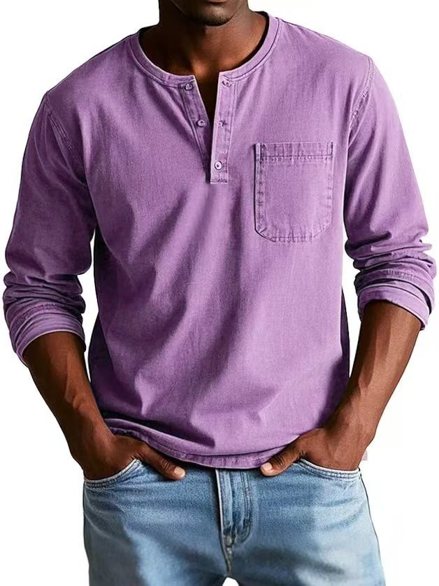 V-neck Long-sleeved T-shirt With Button Design Fashion Casual Solid Color Pullover Top Men's Clothing by www.trikaro.com