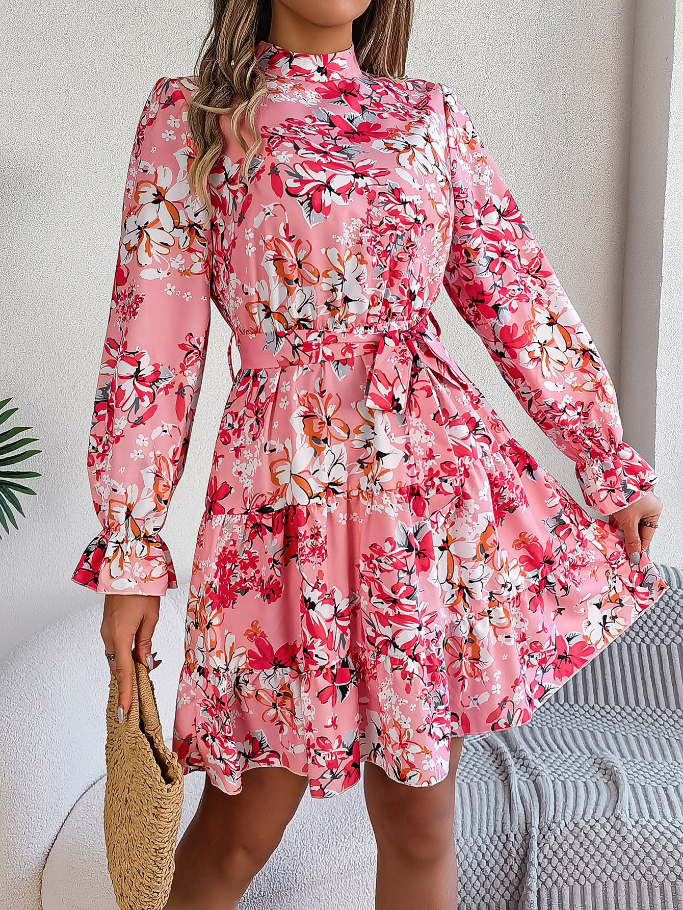 Standing Collar Floral Print Waist-controlled Long Sleeves Ruffled A-line Dresses For Women Spring Autumn Ruffle Edge Long Dress www.trikaro.com