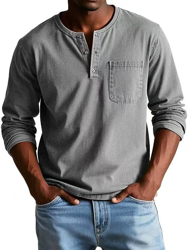 V-neck Long-sleeved T-shirt With Button Design Fashion Casual Solid Color Pullover Top Men's Clothing by www.trikaro.com