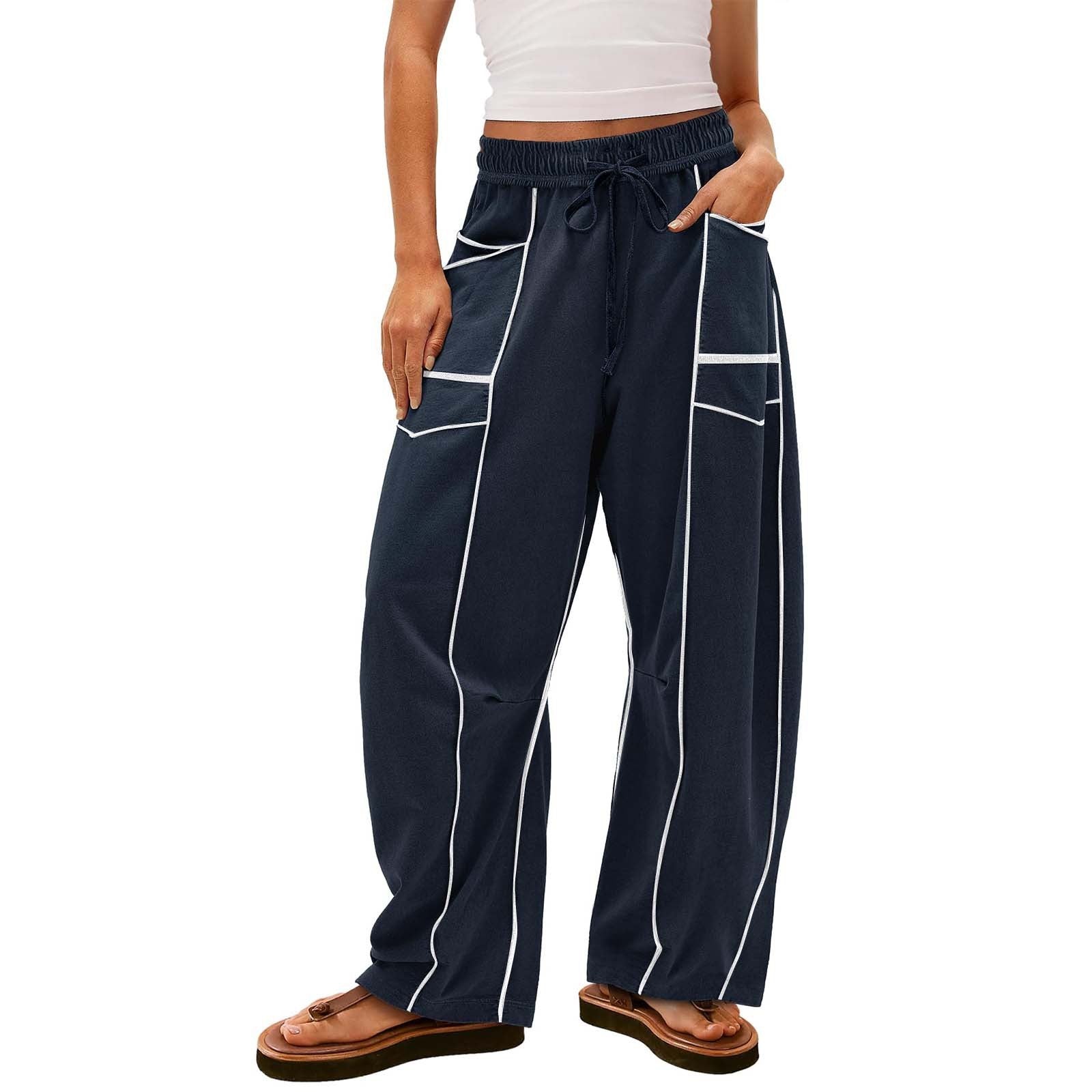 Y2K Black Striped Wide-leg Pants With Pockets Fashion Loose Drawstring Trousers Sports Sweatpants Women's Clothing by www.trikaro.com