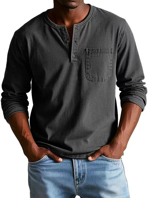 V-neck Long-sleeved T-shirt With Button Design Fashion Casual Solid Color Pullover Top Men's Clothing by www.trikaro.com