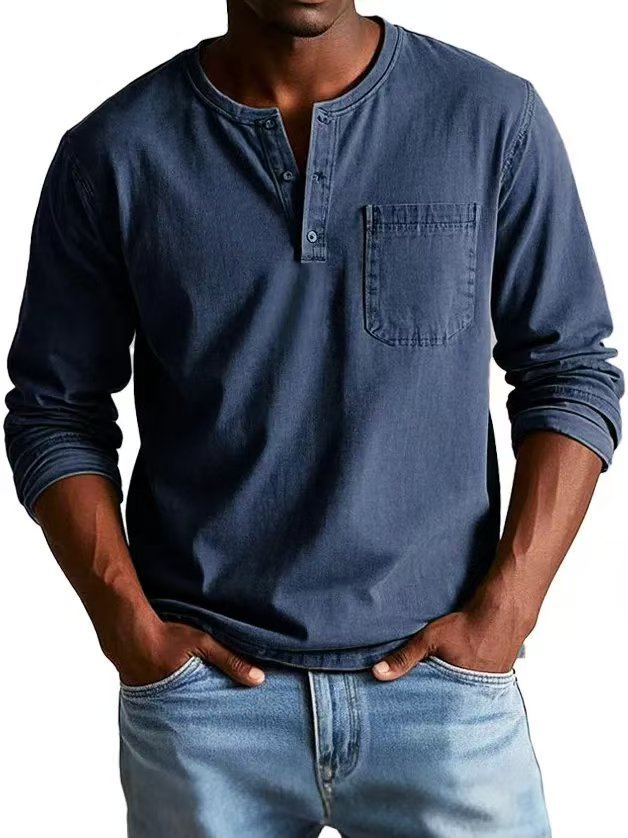 V-neck Long-sleeved T-shirt With Button Design Fashion Casual Solid Color Pullover Top Men's Clothing by www.trikaro.com