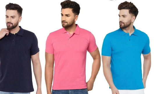 Cotton Matty Solid Half Sleeves Men's Polo Neck T-Shirt Pack Of 3 www.trikaro.com