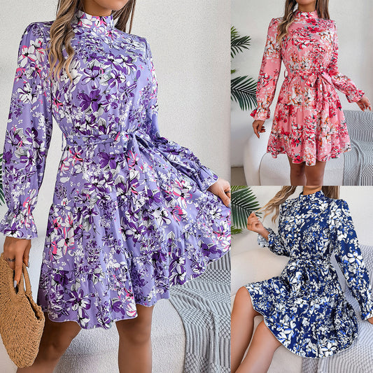 Standing Collar Floral Print Waist-controlled Long Sleeves Ruffled A-line Dresses For Women Spring Autumn Ruffle Edge Long Dress www.trikaro.com