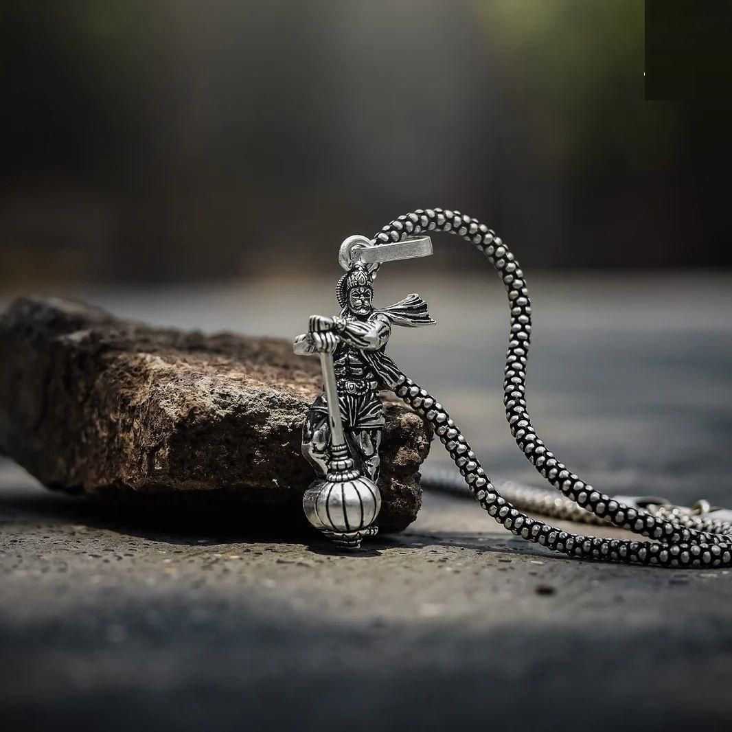 Hanumanji With Gada Silver Pendant Chain www.trikaro.com