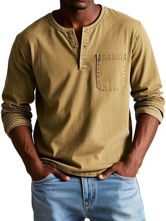 V-neck Long-sleeved T-shirt With Button Design Fashion Casual Solid Color Pullover Top Men's Clothing by www.trikaro.com