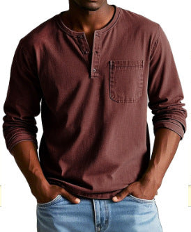 V-neck Long-sleeved T-shirt With Button Design Fashion Casual Solid Color Pullover Top Men's Clothing by www.trikaro.com