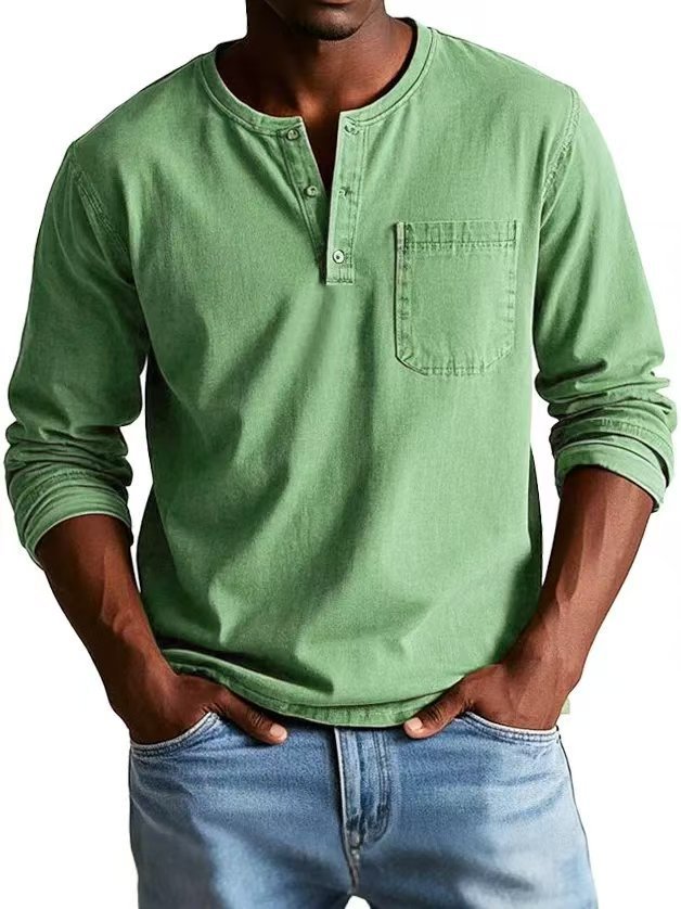 V-neck Long-sleeved T-shirt With Button Design Fashion Casual Solid Color Pullover Top Men's Clothing by www.trikaro.com