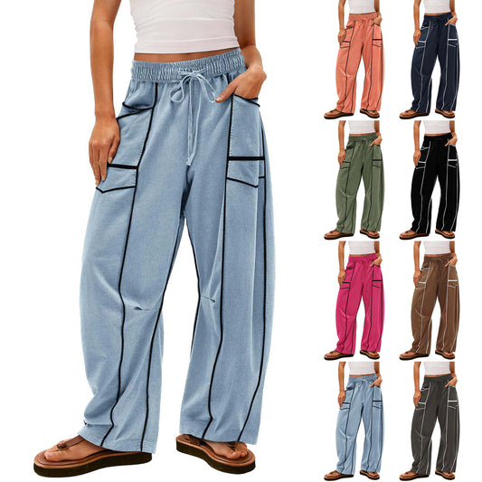 Y2K Black Striped Wide-leg Pants With Pockets Fashion Loose Drawstring Trousers Sports Sweatpants Women's Clothing by www.trikaro.com