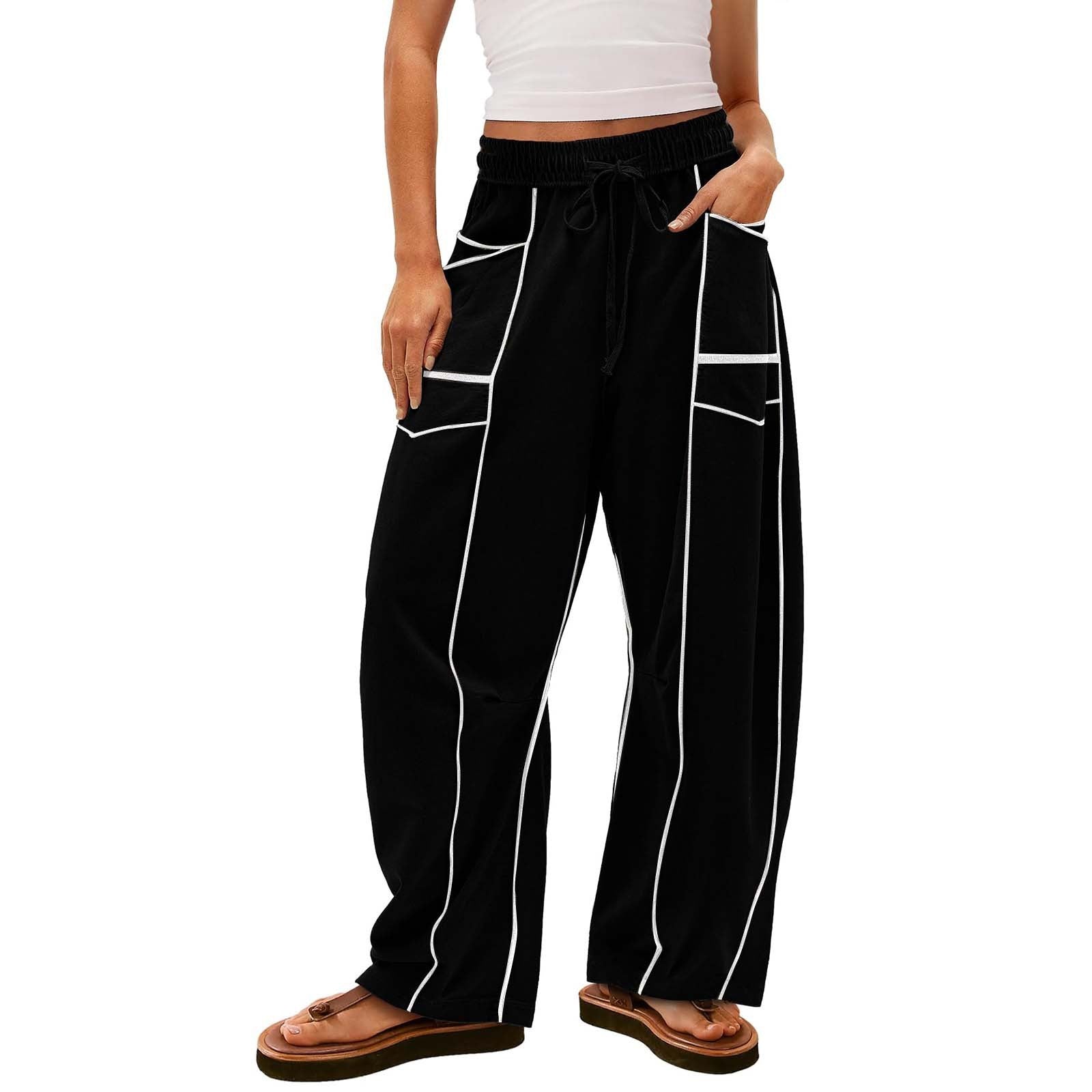Y2K Black Striped Wide-leg Pants With Pockets Fashion Loose Drawstring Trousers Sports Sweatpants Women's Clothing by www.trikaro.com