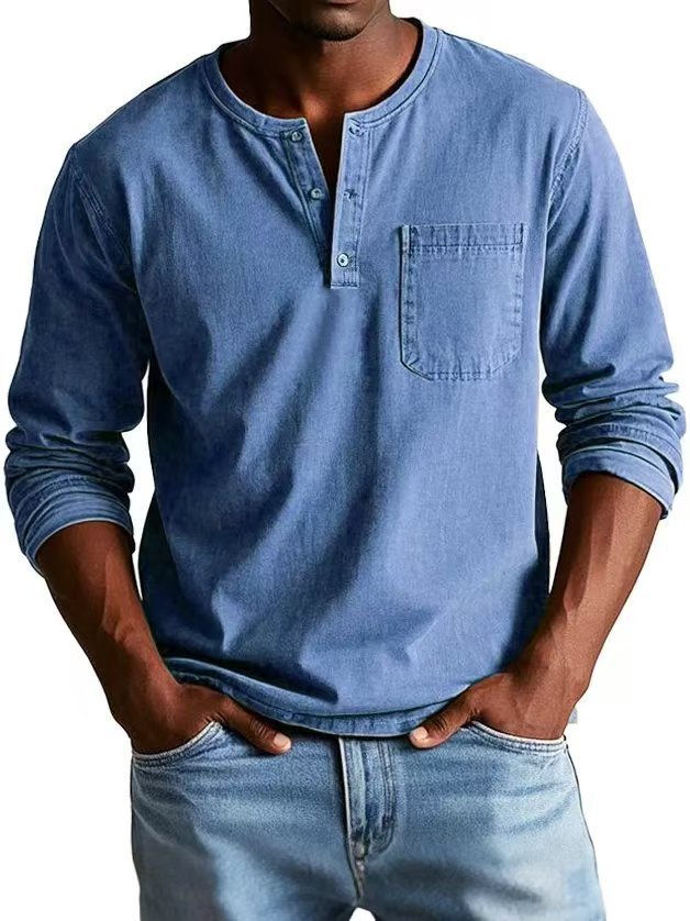 V-neck Long-sleeved T-shirt With Button Design Fashion Casual Solid Color Pullover Top Men's Clothing by www.trikaro.com