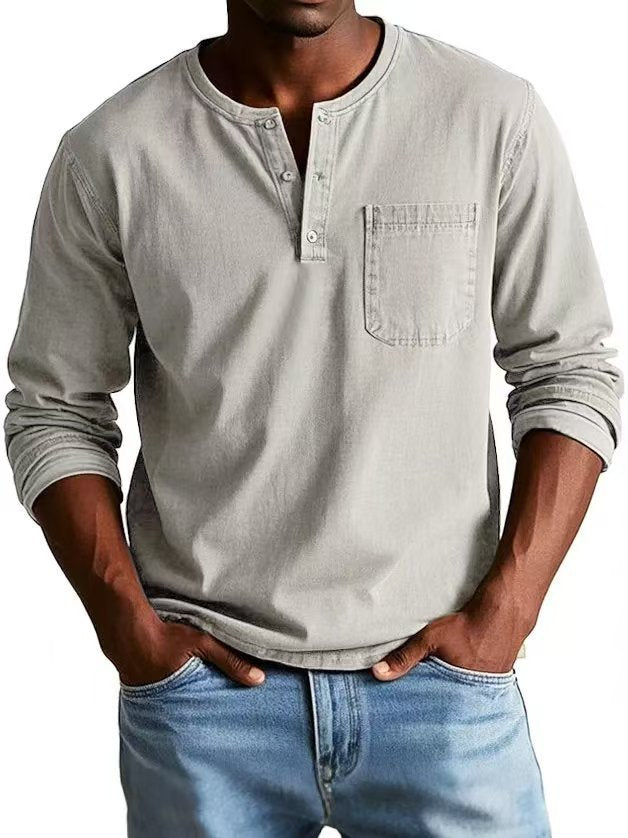 V-neck Long-sleeved T-shirt With Button Design Fashion Casual Solid Color Pullover Top Men's Clothing by www.trikaro.com